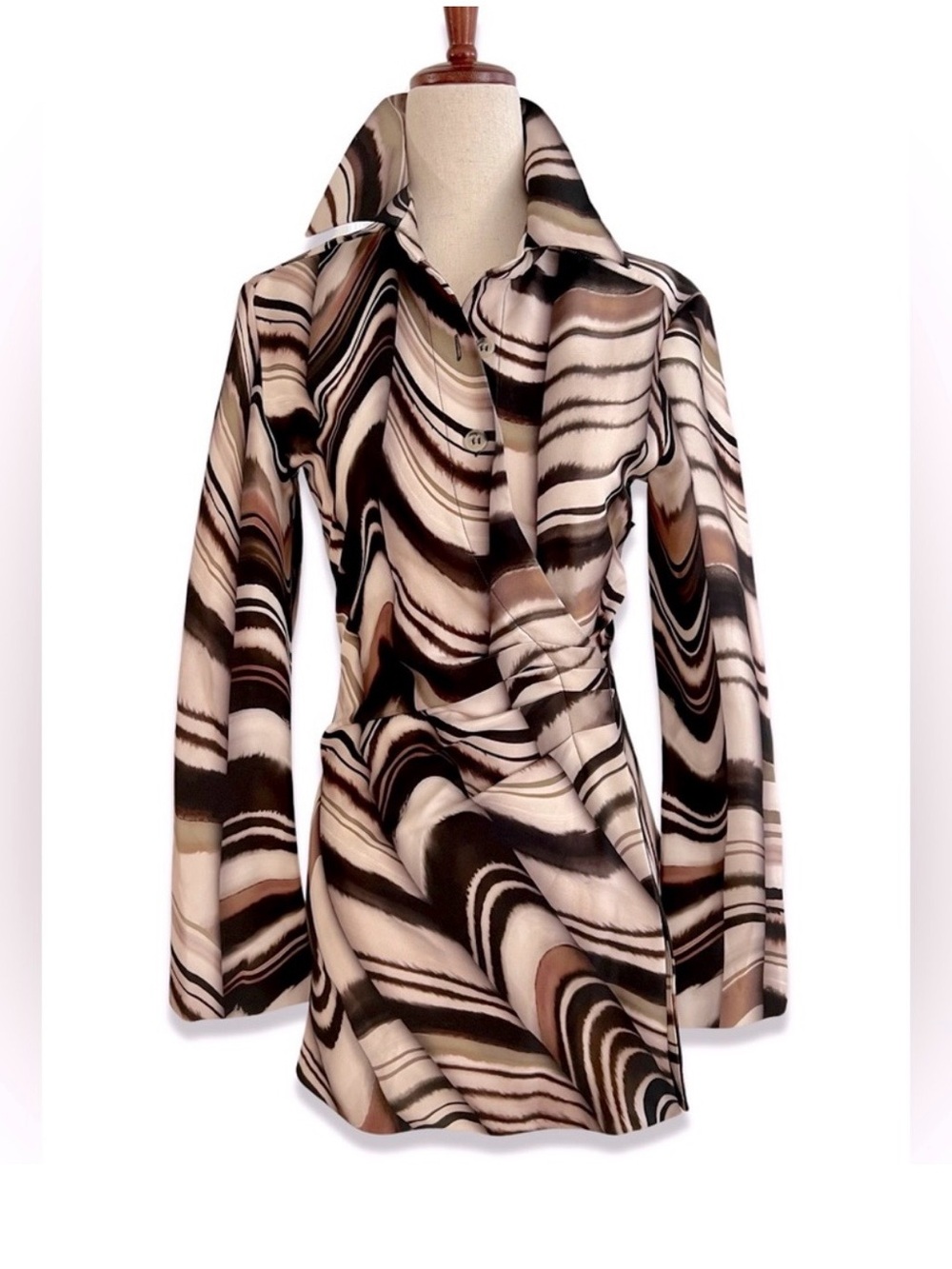 Zara Swirl-Print Long Sleeve Tunic in Black, Cream & Brown